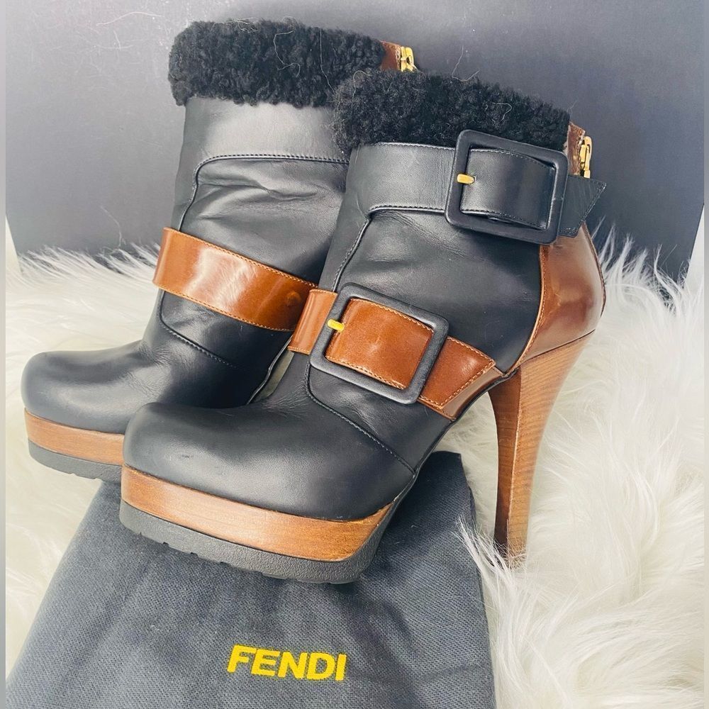 FENDI Moorland Authentic Black & Brown Leather Platform Ankle Boots Size 37 - Picture 16 of 17